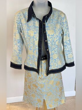 AUTHENTIC Just Cavalli Set Light Blue & Gold Floral Design with Denim Trim